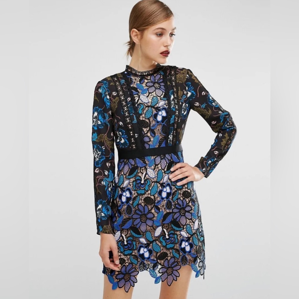 Self Portrait Maxine Floral Lace Mini Dress Long Sleeve Blue Black